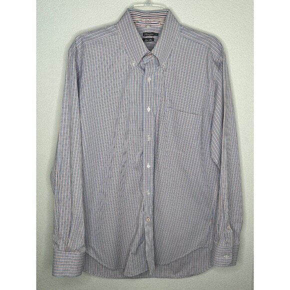 J.McLaughlin Shirt Mens Large Slim Fit Button Up Plaid Blue Orange 100% Cotton - Picture 2 of 13